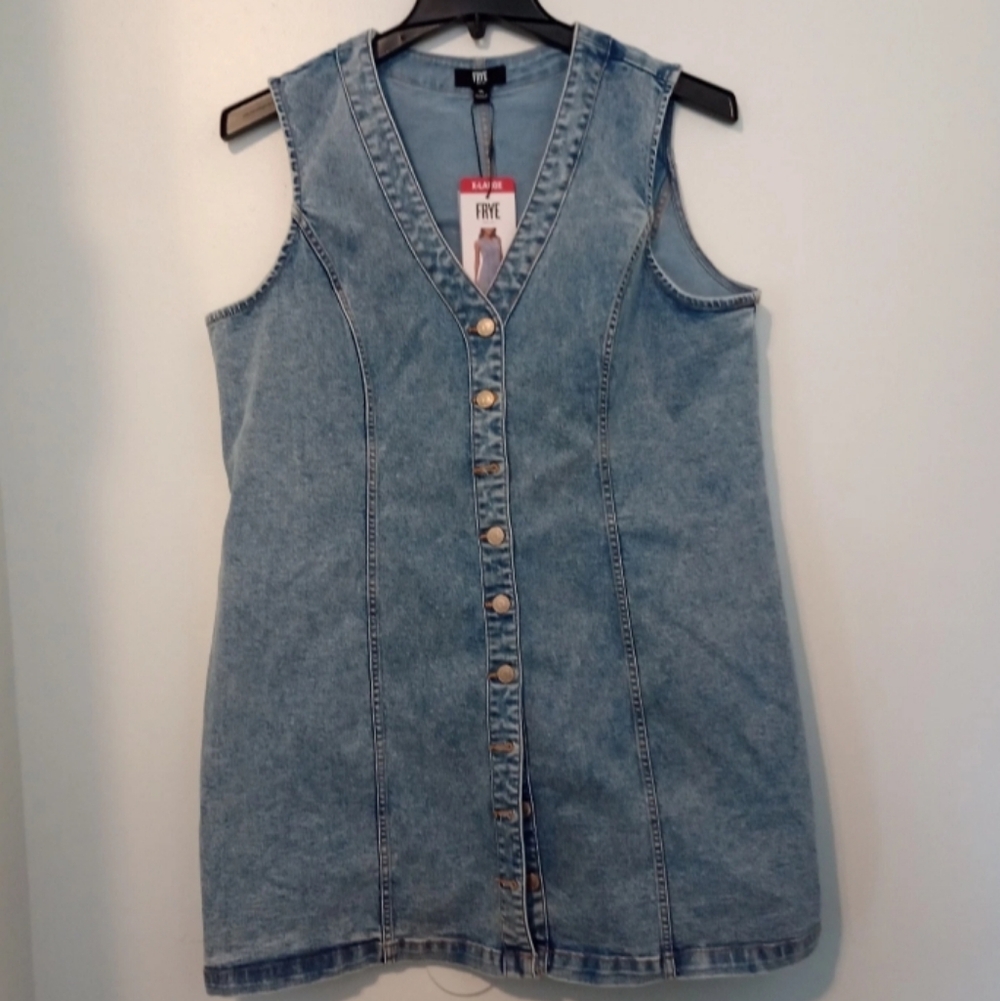 Frye Denim Mini Dress Womens Light Wash Sleeveless Button Front Casual XL -A02 - Picture 2 of 8